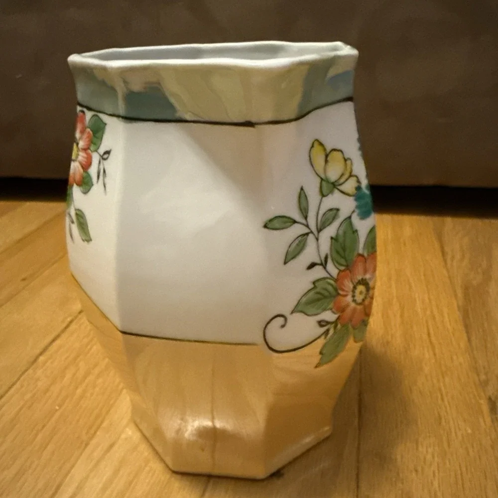 Vintage Made in Japan Lusterware Pitcher Floral Landscape Octagonal Porcelain